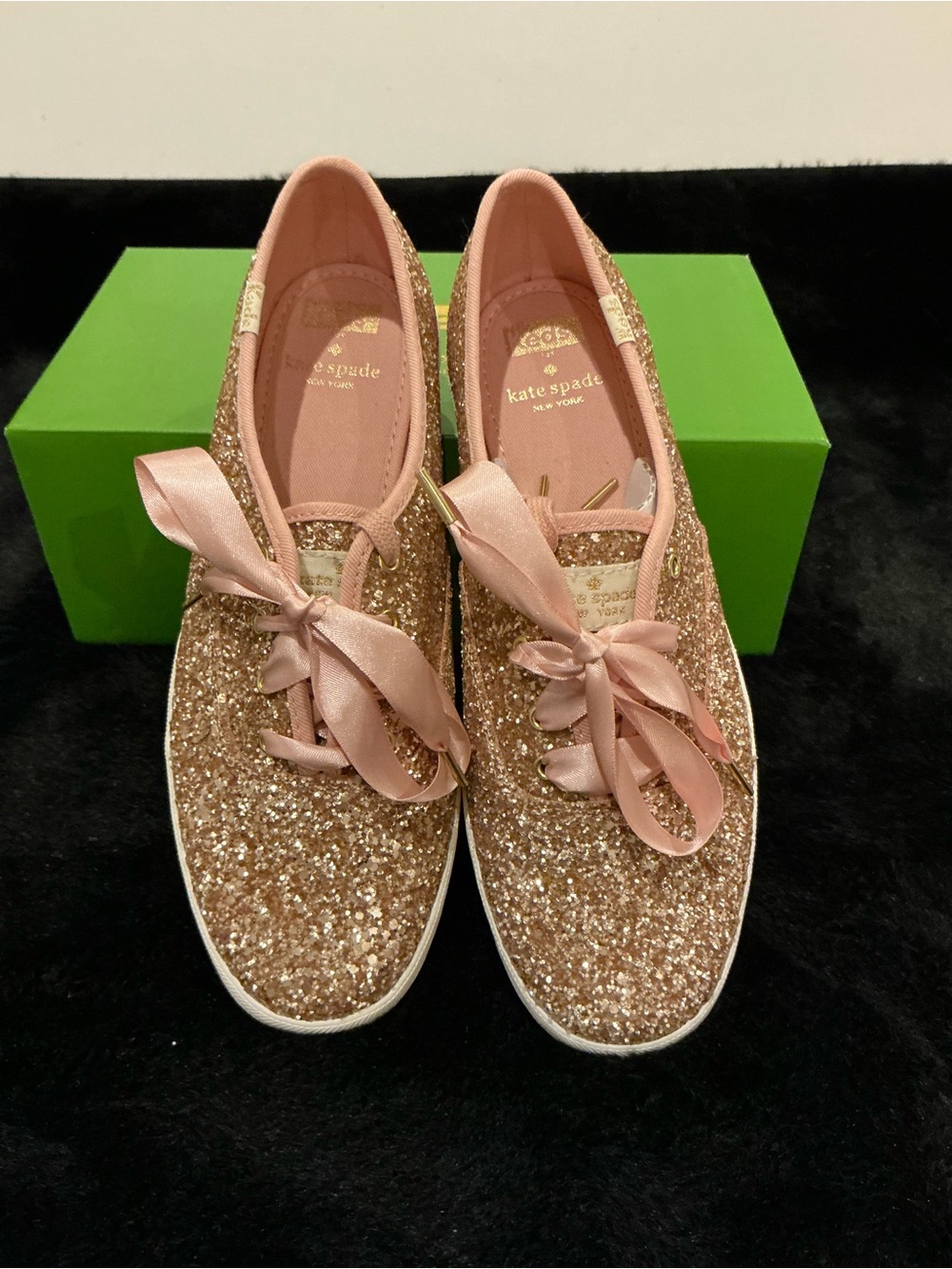 kate spade Rose Gold Glitter Sneakers with Pink Satin Laces